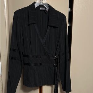 Bisou Bisou Black Pinstripe Wrap Blazer with asymmetrical matching skirt.